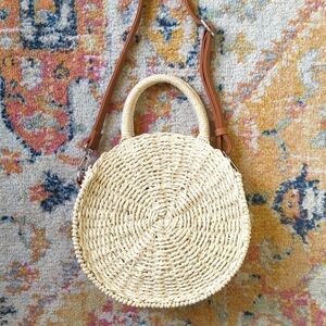 MMS Classic Summer & Beach Round Woven Straw Crossbody Bag Cream Brown